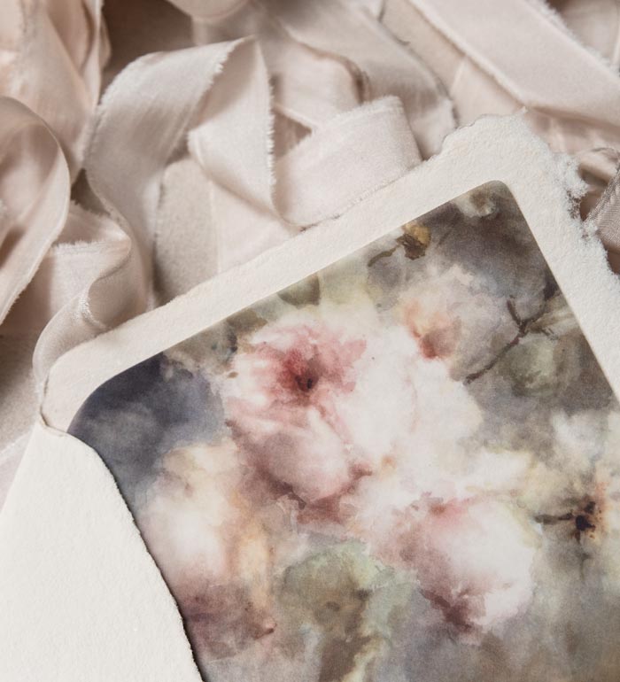 Hochzeitspapeterie: Luxus handgeschöpfte Briefumschlag in beige nude mit Umschlag Lier Futter mit Blumen Malerei Kunst