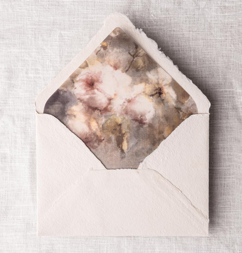 Hochzeitspapeterie: Luxus handgeschöpfte Briefumschlag in beige nude mit Umschlag Lier Futter mit Blumen Malerei Kunst