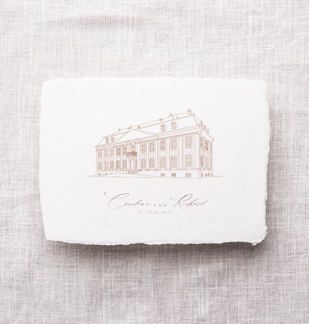 Hochzeitspapeterie: Luxus elegante Detailkarte Schloss Location Zeichnung handgeschöpftes Papier Fine Art Papier