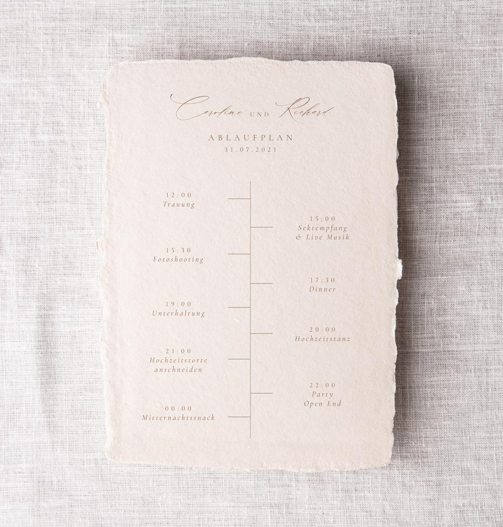Hochzeitspapeterie: Luxus elegante Programmkarte mit dem Ablauf büttenpapier in beige nude