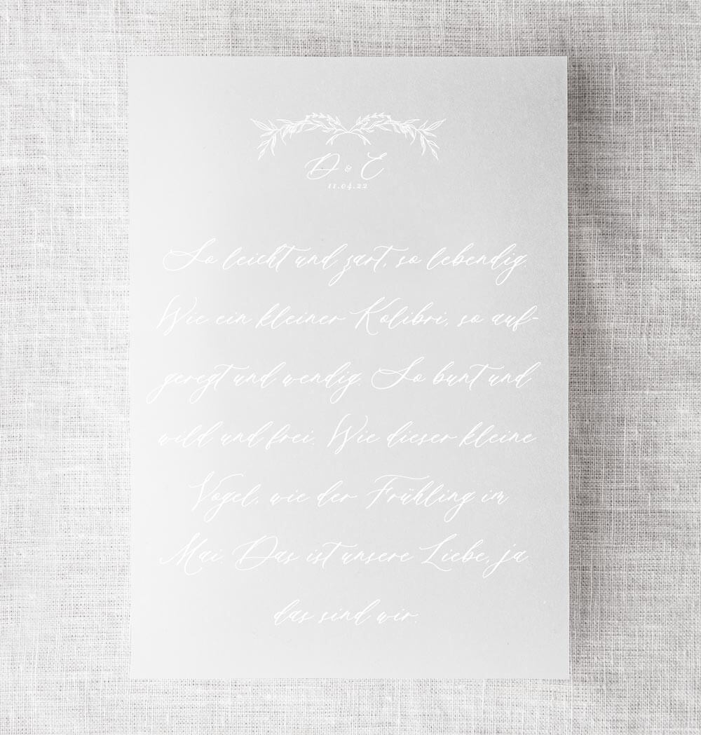 Hochzeitspapeterie: Spruch Karte Zitatkarte aus Transparentpapier weißdruck, Winterhochzeit, moderne Kalligrafie