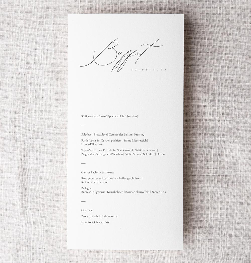 Hochzeitspapeterie: Menükarte mit Hochzeitsmenü, Speisekarte mit Kalligrafie, minimalistisch und elegant