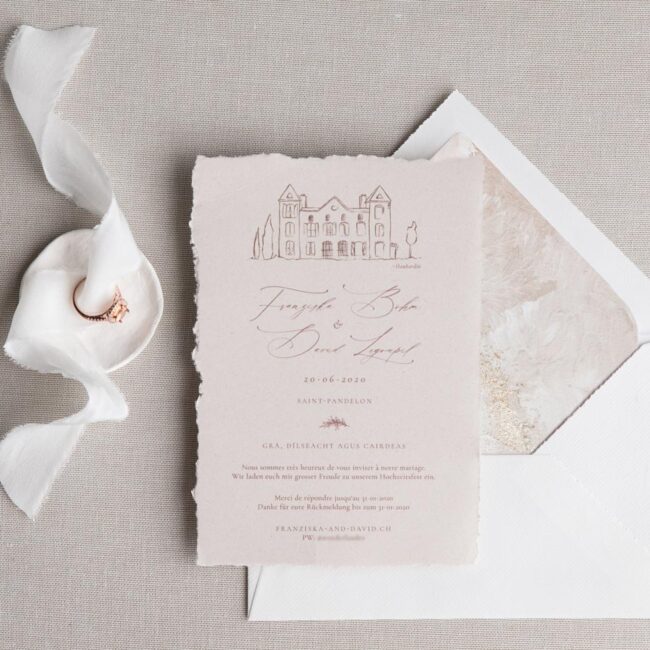 Individuelle elegante Einladungskarte zur Hochzeit mit Hochzeitslocation Skizze gedruckt auf handgeschöpften Papier mit Briefumschlag Liner - Futter