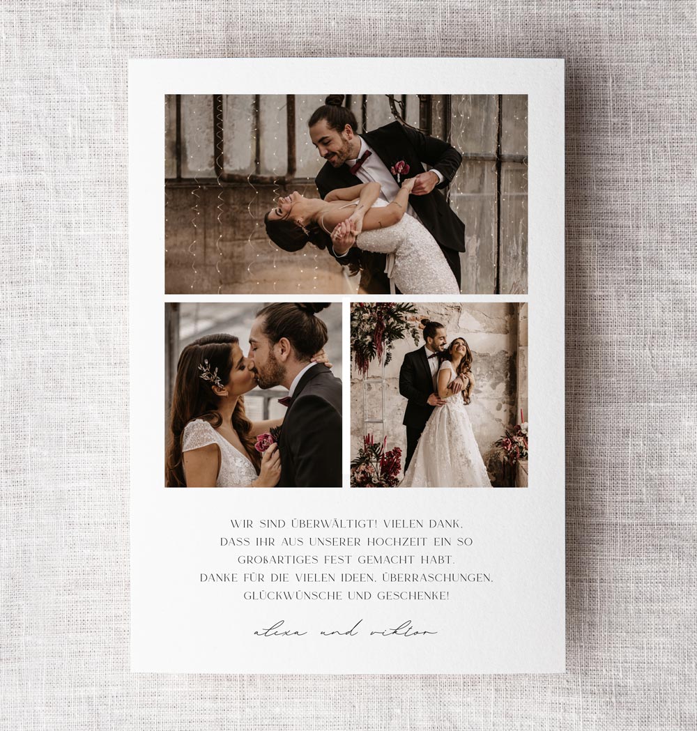 Danksagungskarte B Rückseite mit Danksagung Text und Hochzeitsfotos im modernen Design