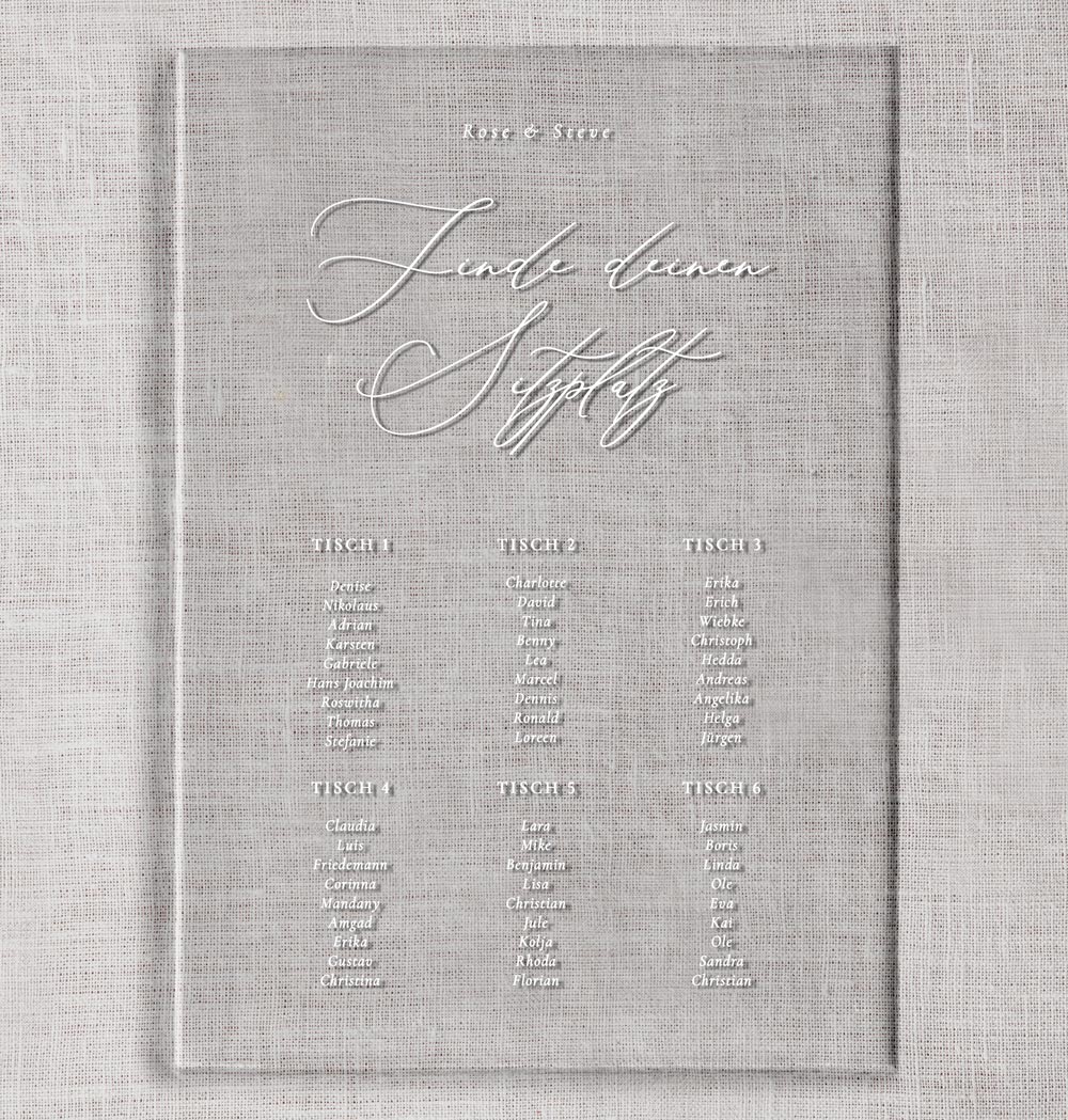 Sitzplan Schild zur Hochzeit aus Acryl Glas bedruckt mit weißer Schrift: Finde deinen Sitzplatz