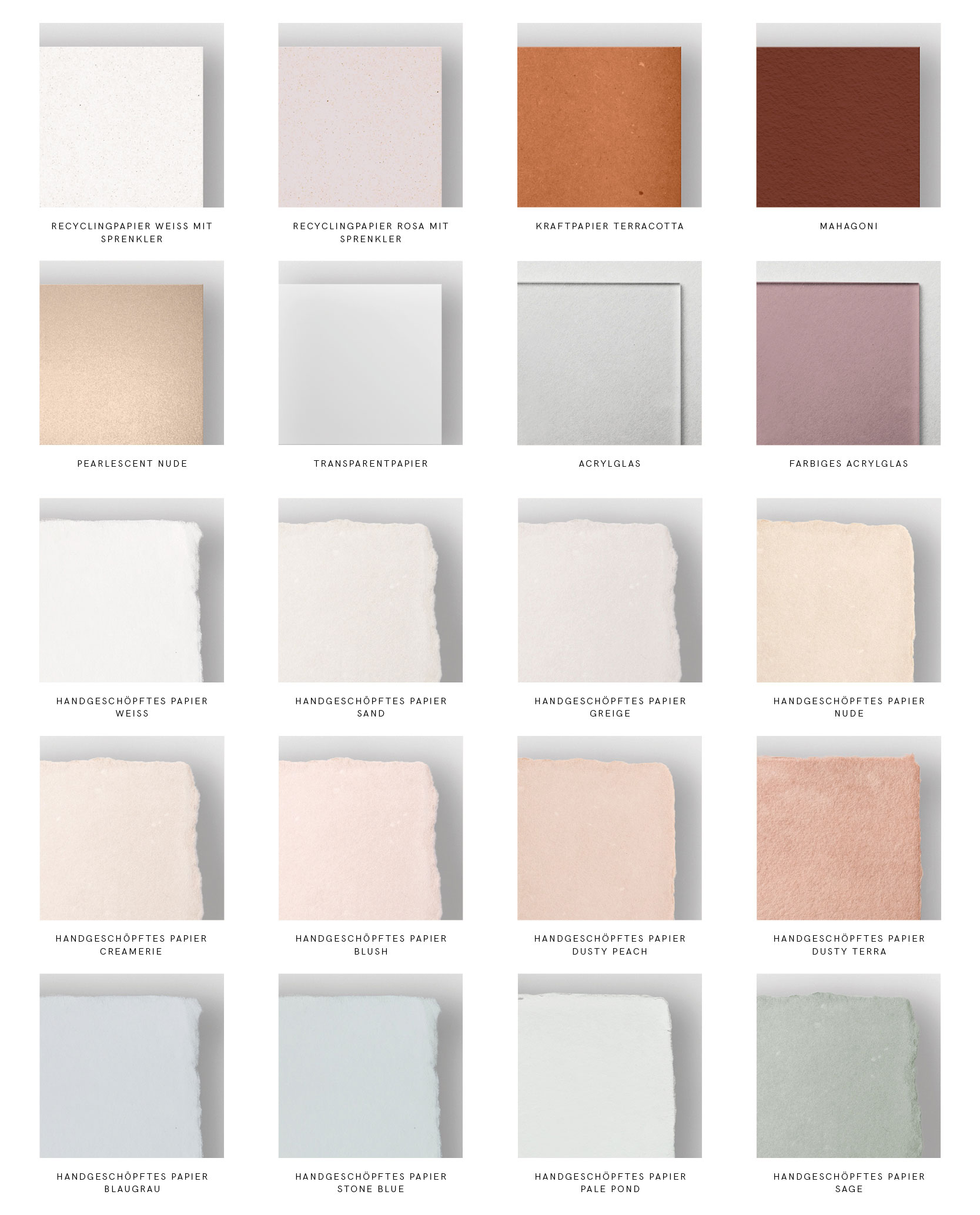 Papierauswahl für Hochzeitspapeterie: Handgeschöpftes Büttenpapier in weiß, sand, nude, blush, dusty peach, sowie transparentes und farbiges Acrylglas