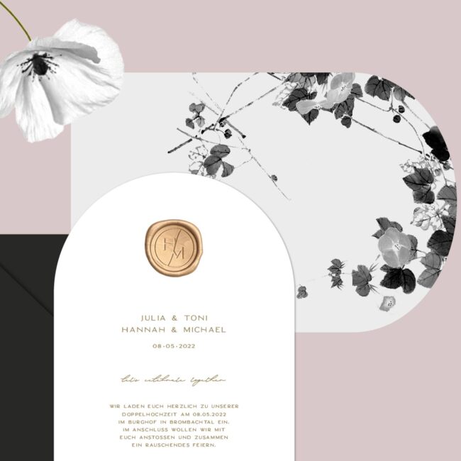 Hochzeitspapeterie: individuelle schwarze Hochzeitseinladungen mit Wachssiegel in Gold, Hochzeit schwarz weiß, Blumen