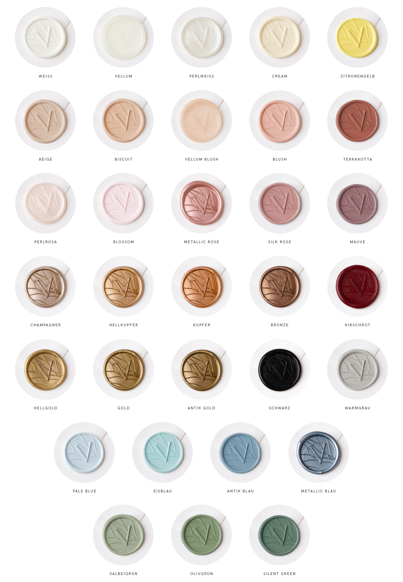 Siegelwachs und Wachssiegel in Weiß, Halbtransparent, Transparent, Vellum, Perlmutt, Ivory, Zitronengelb, Gelb, Rosa, Blush, Metallic, Kirschrot, Weinrot, Rot, Champagner, Kupfer, Hellgold, Gold, Antik Gold, Schwarz, Grau, Eisblau, Babyblau, Blau, Blue