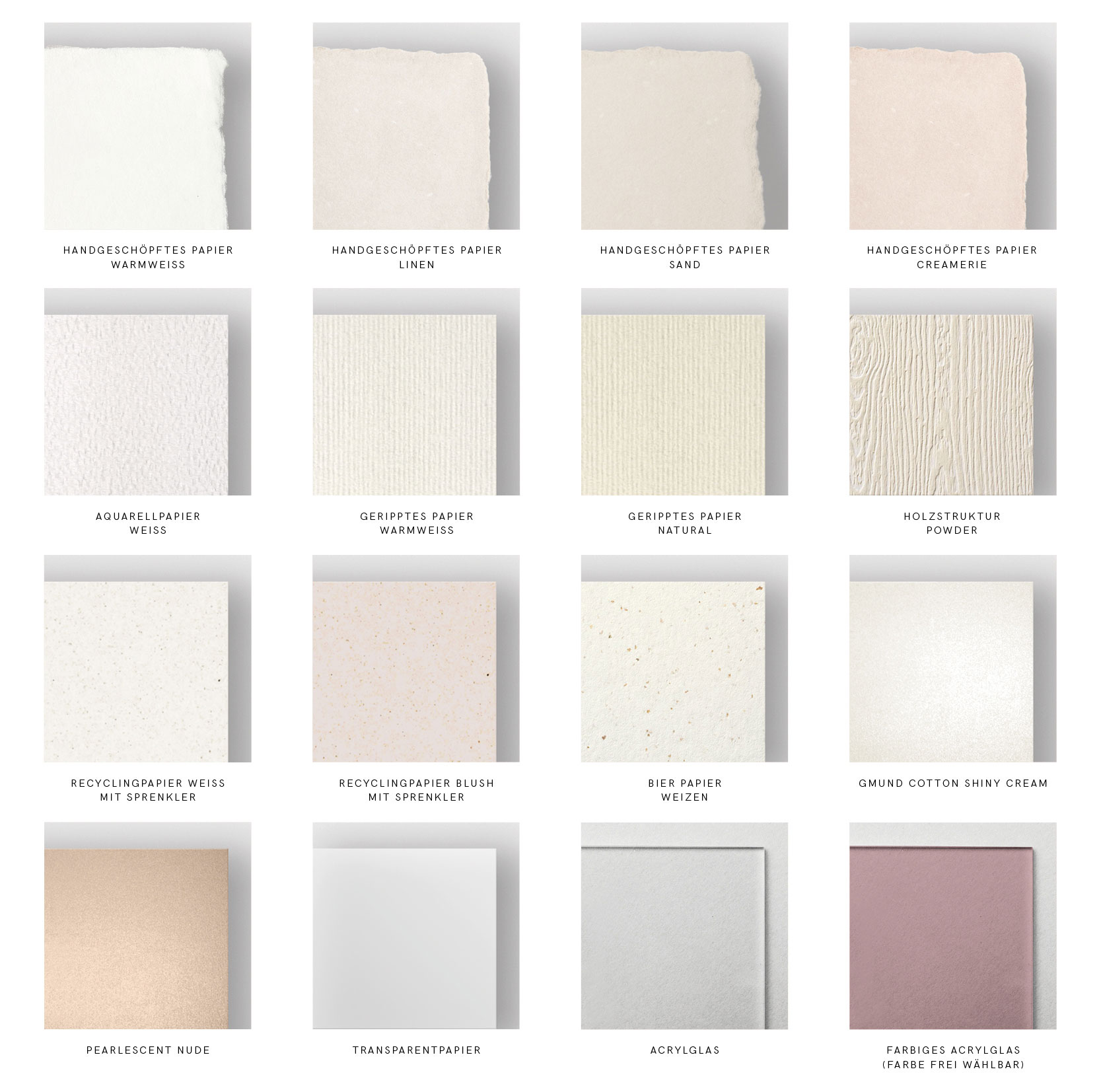 Besondere Papiere für Hochzeitspapeterie: handgeschöpftes Papier in weiß, sand, linen, creamerie (blush) und Perlmutt schimmernde Papiere sowie Strukturpapiere wie Aquarellpapier