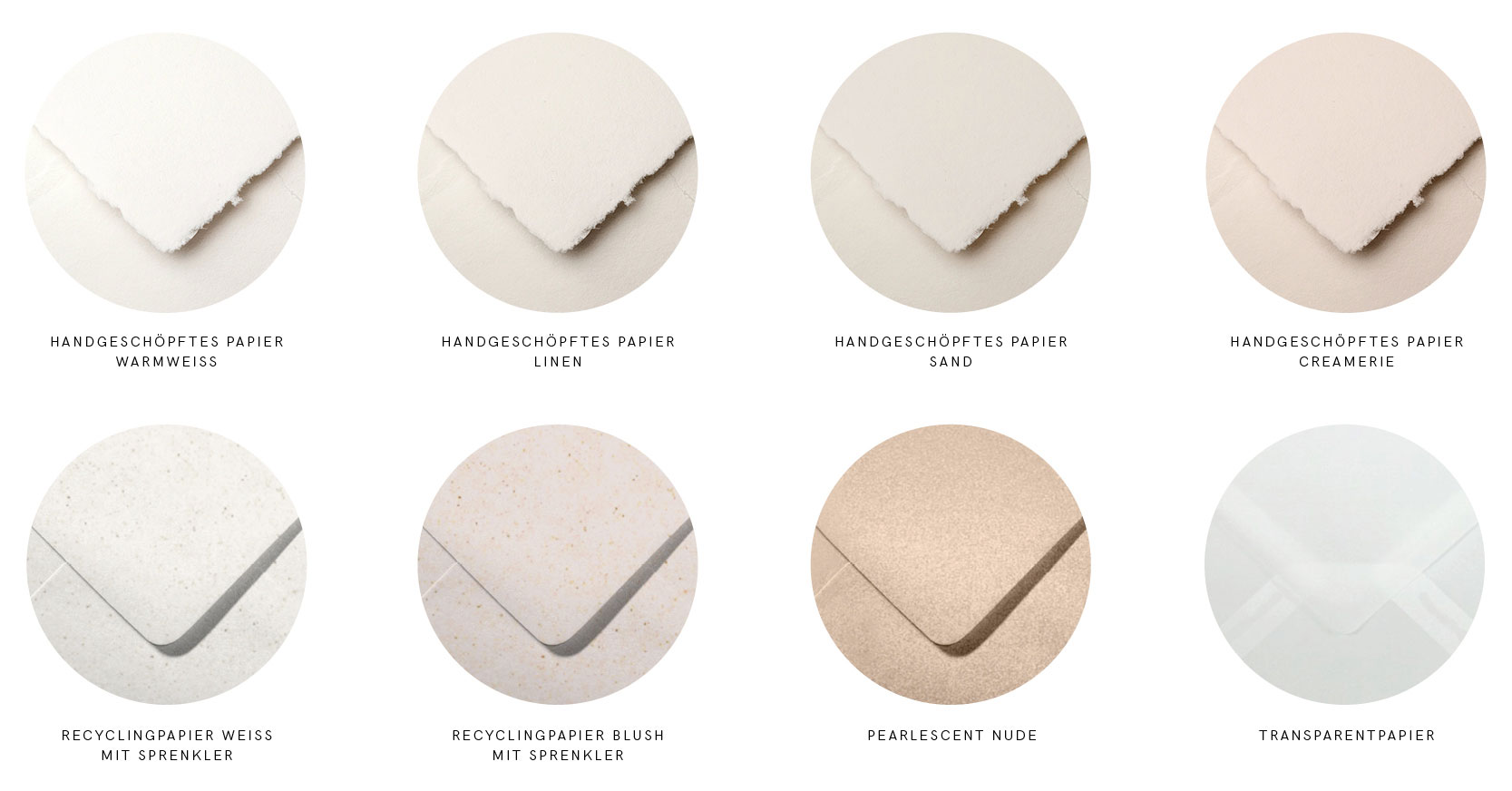 Briefumschlag Auswahl für Hochzeitspapeterie: handgeschöpfte Umschläge in weiß, sand, linen, creamerie (blush) und Perlmutt schimmernde Umschläge