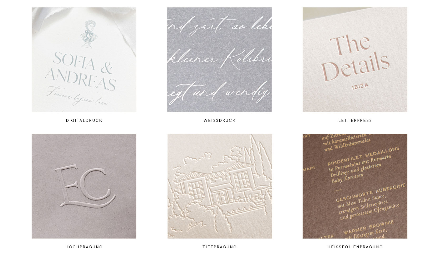 Hochzeitspapeterie: Druckverfahren für Hochzeitspapeterie und Einladungen. Digitaldruck, Weißdruck, Heißfolienprägung, Tiefprägung, Hochprägung, Letterpress