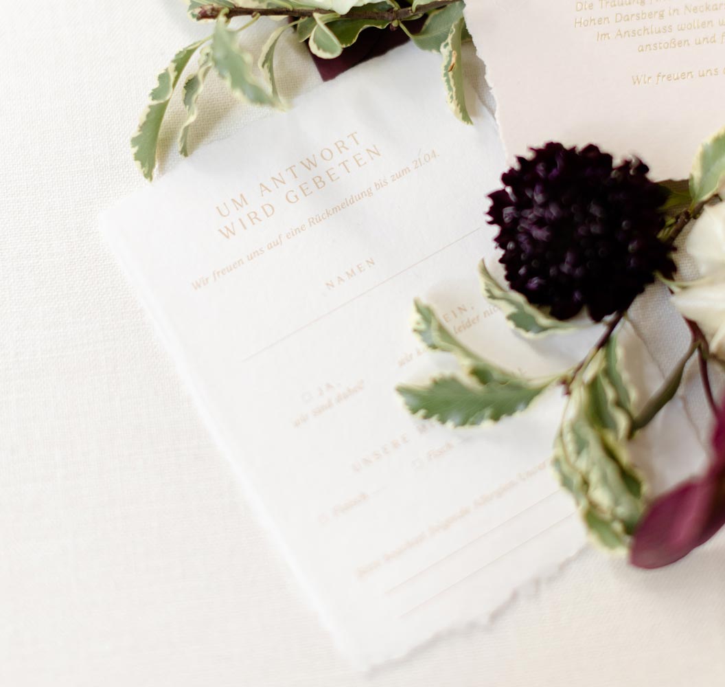 Antwortkarte zur Hochzeitseinladung aus handgeschöpften Papier