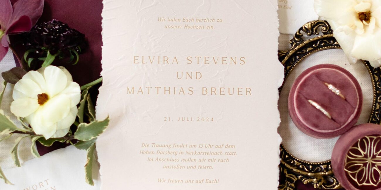 Hochzeitseinladung mit Heißfolienprägung mit Anfahrtsskizze, Detailkarte und Antwortkarte