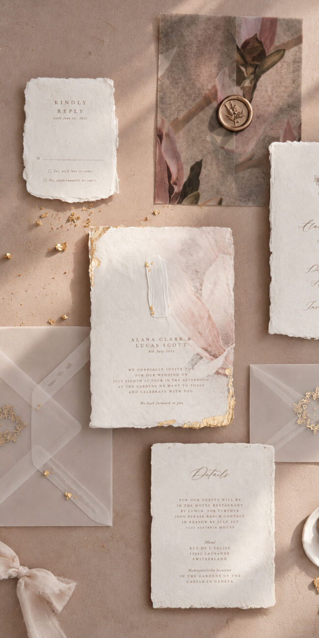 Individuelle Hochzeitseinladung aus handgeschöpftem Papier mit einer Magnolien Illustration, goldenen Details und weißen Pinselstrich